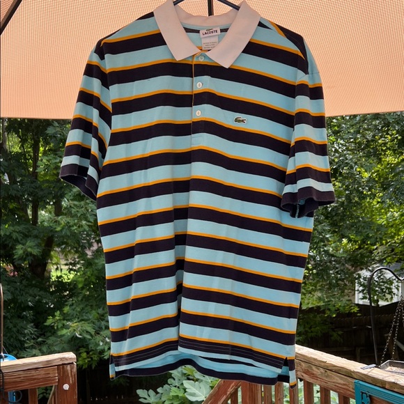 Lacoste Men's Polo Shirt - Blue Black and Yellow Stripes size 6 or XL
